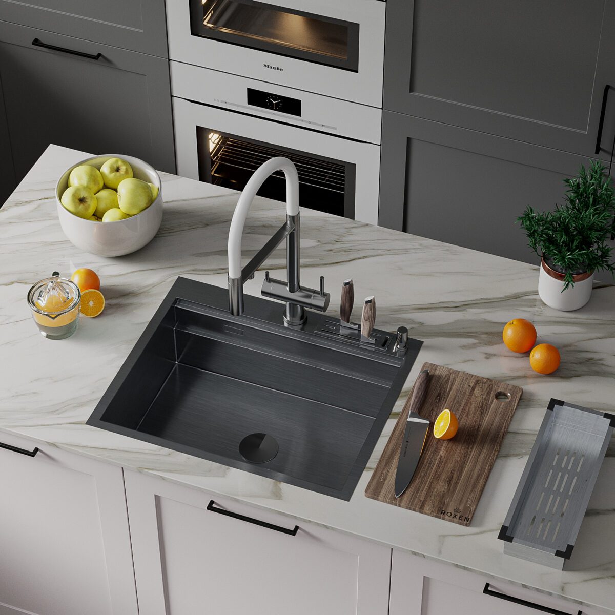 Кухонная мойка Roxen Stage 560250-60B (600x480x220; графит/мат) — изображение 7