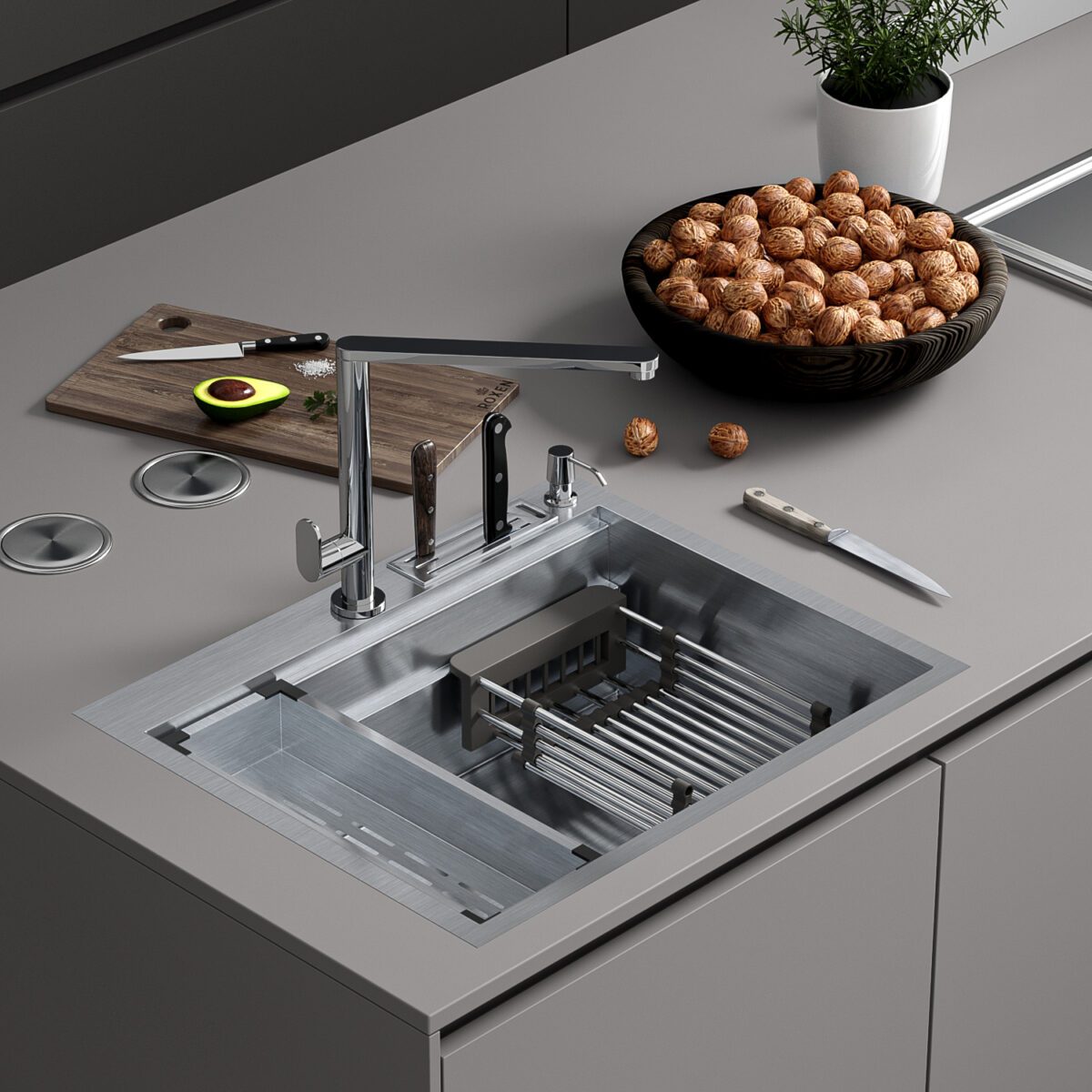 Кухонная мойка Roxen Stage 560250-60B (600x480x220; графит/мат) — изображение 13