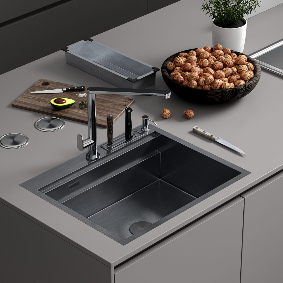 Кухонная мойка Roxen Stage 560250-60B (600x480x220; графит/мат) — изображение 6