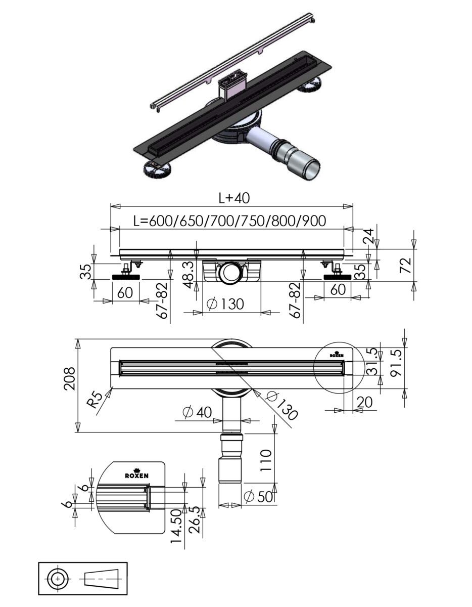 Трап для душа Roxen Black slim 91070-60 узкая решётка, чёрный — изображение 6