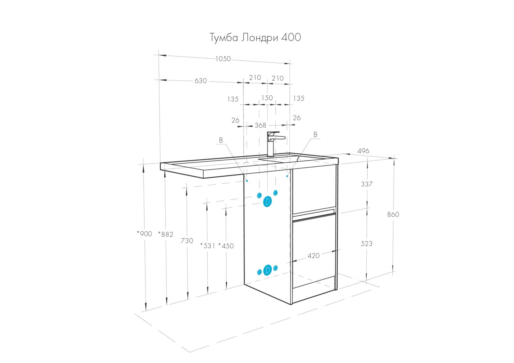 Комплект: тумба в ванную Aquaton Лондри 400 (левая) с умывальником Aquaton Лондри 1050, белый, 1A2360K1LH010 — изображение 5