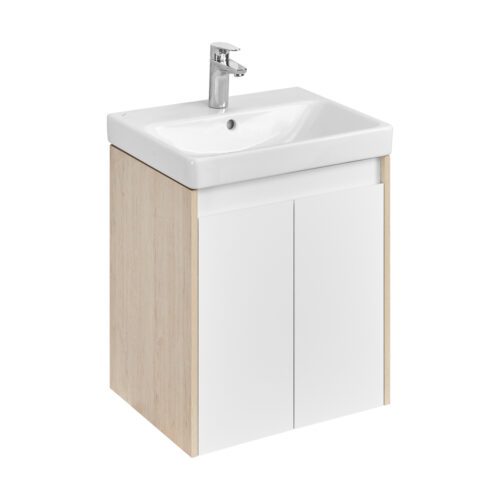 Комплект: тумба в ванную Aquaton Сканди Doors 55 с умывальником Santek Адриана 55, белый/дуб Верона, 1A2788V0SDB20
