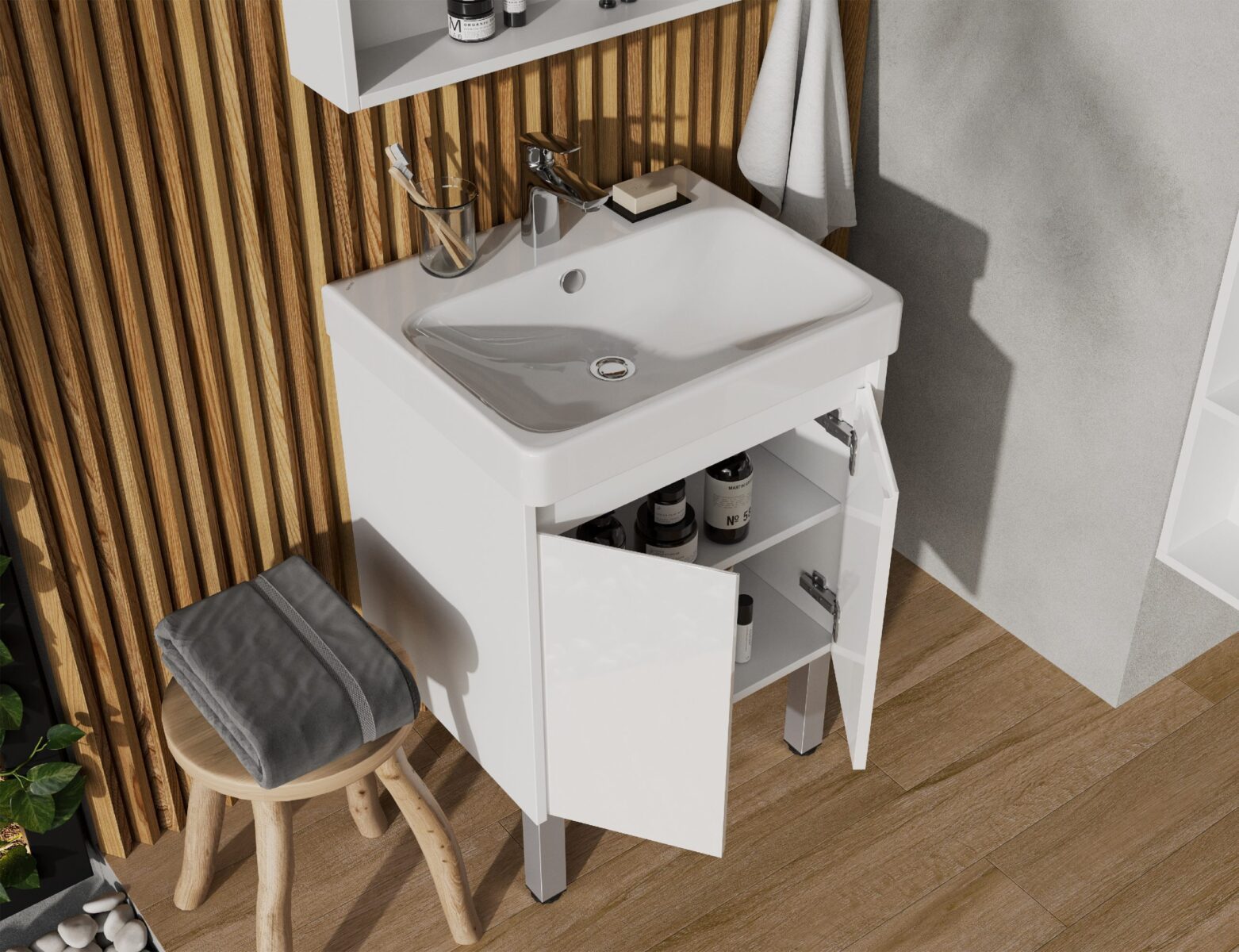 Комплект: тумба в ванную Aquaton Сканди Doors 55 с умывальником Santek Адриана 55, белый/дуб Верона, 1A2788V0SDB20 — изображение 3