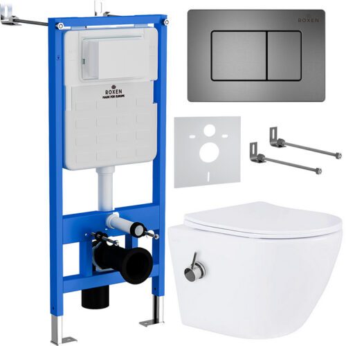 Комплект инсталляции Roxen StounFix Dual Fresh с унитазом Antares Bidet и кнопкой Steel (оружейная сталь), 960516