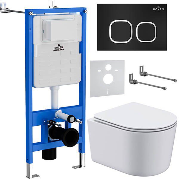 Комплект инсталляции Roxen StounFix Dual Fresh с унитазом Simple Compact и кнопкой Santi (чёрная/матовая), 917914