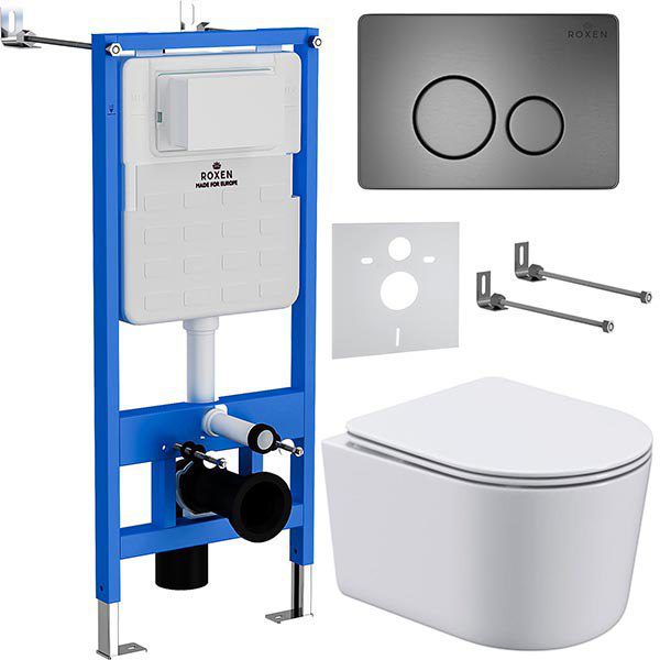 Комплект инсталляции Roxen StounFix Dual Fresh с унитазом Simple Compact и кнопкой Steel (оружейная сталь), 963592