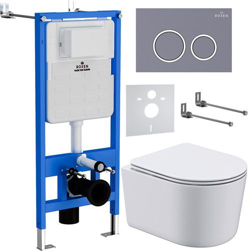 Комплект инсталляции Roxen StounFix Dual Fresh с унитазом Simple Compact и кнопкой Santi (серый бетон/матовая), 966133