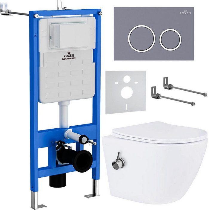 Комплект инсталляции Roxen StounFix Dual Fresh с унитазом Antares Bidet и кнопкой Santi (серый бетон/матовая), 966135