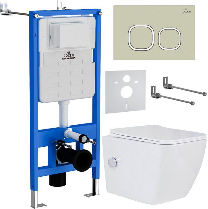 Комплект инсталляции Roxen StounFix Dual Fresh с унитазом Cube Bidet и кнопкой Santi (пастель бежевая/матовая), 966554