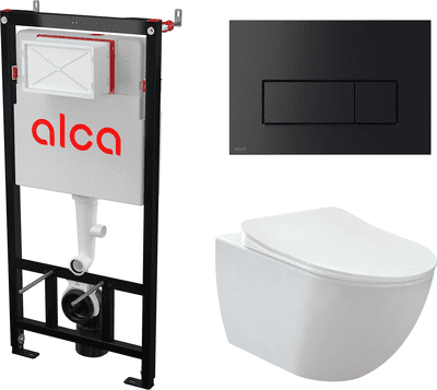 Комплект инсталляции Alca AM101/1120 Sádromodul с унитазом Creavit Free и кнопкой Alca M578 (чёрная/матовая), FE322-11CB00E-0000+KC0903.02.0000E+ сет(AM101/1120+M578)