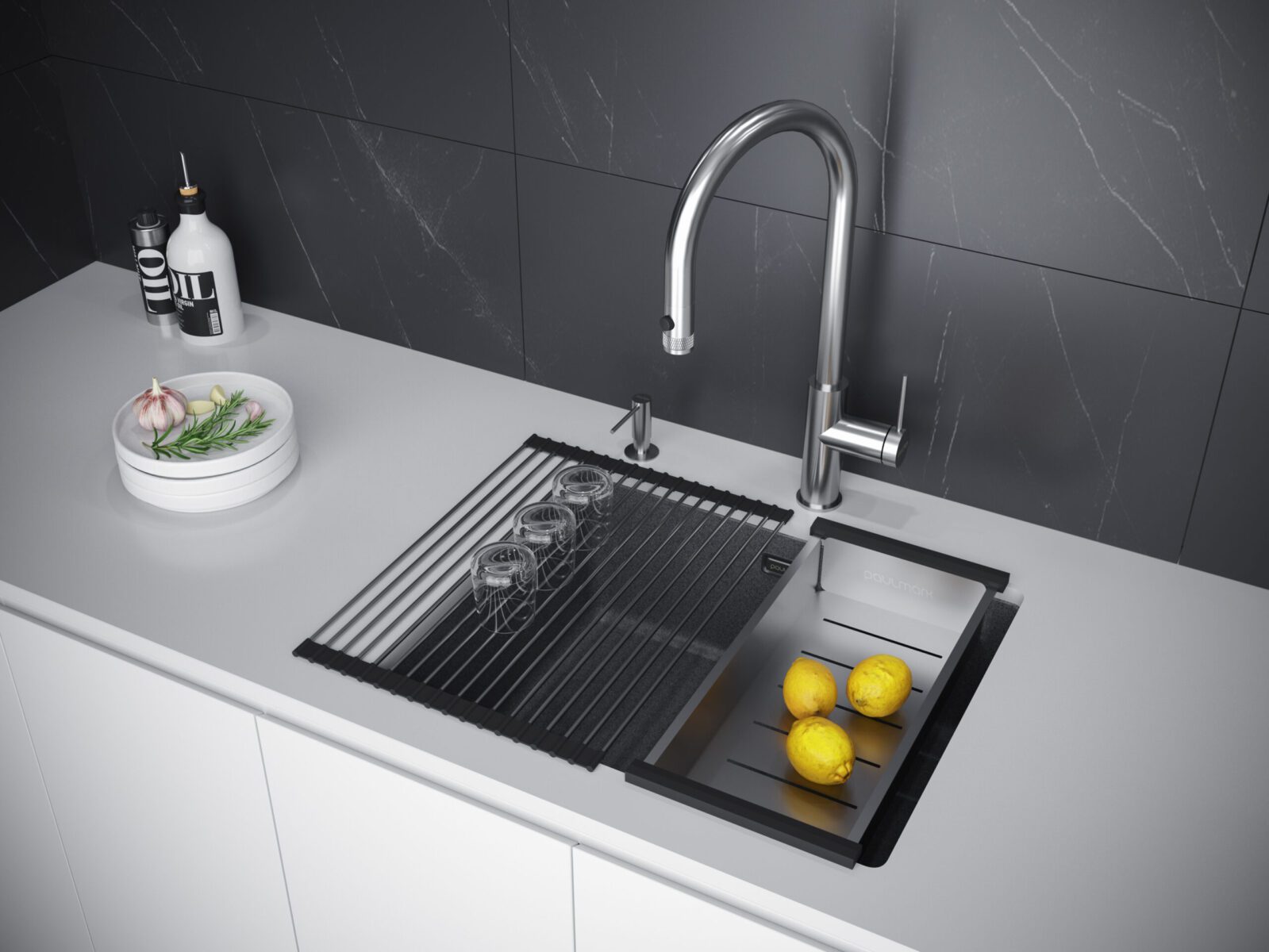 Кухонная мойка PAULMARK LUMI 55UNI-SKEW, LU55SK-BLM, черный металлик, 555х460 — изображение 3