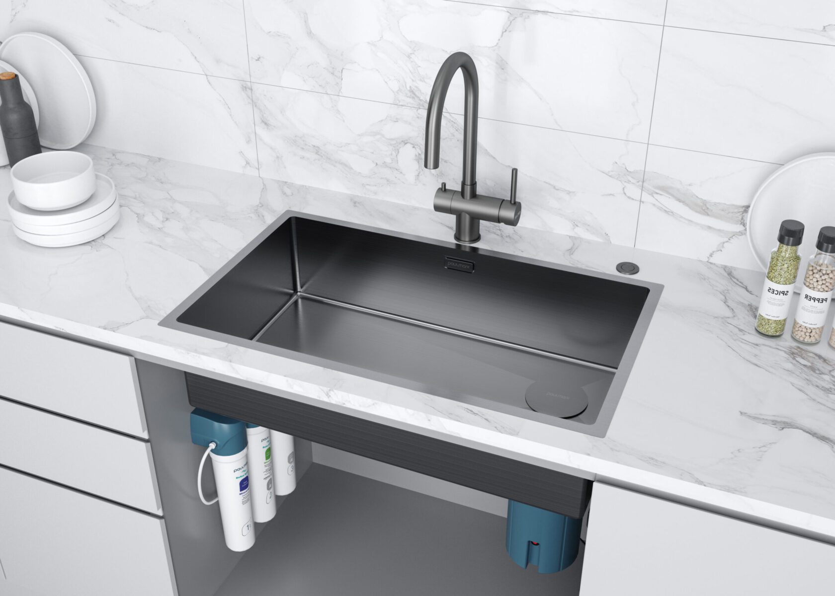 Кухонная мойка PAULMARK NEXT-SKEW 74 UNI, PM887444-GM, вороненая сталь, 740х440мм — изображение 3