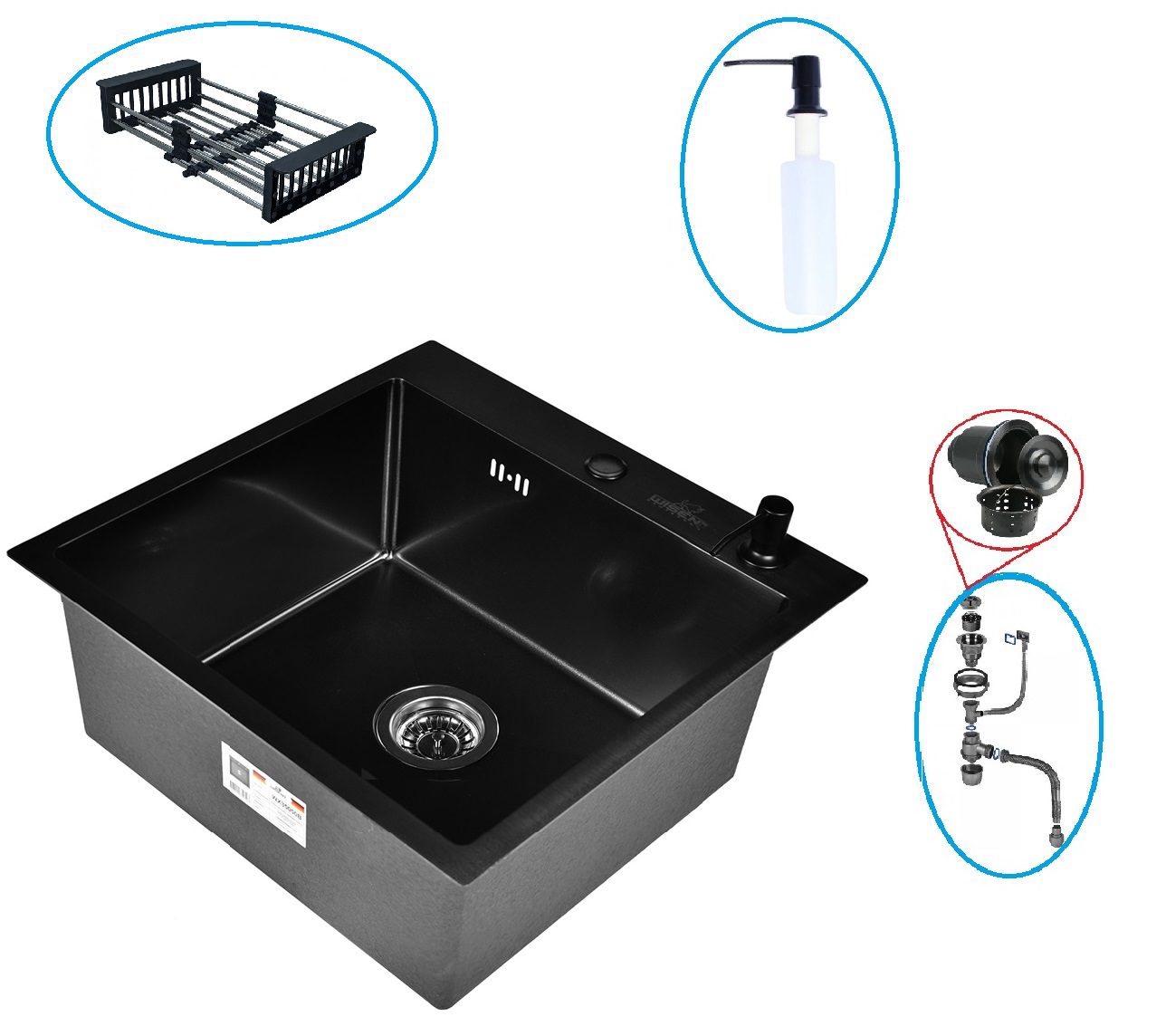 Кухонная мойка с сифоном, дозатором и коландером WISENT W35050B/4 (графит/матовая) — изображение 3