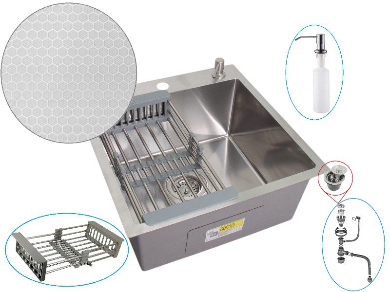 Кухонная мойка с сифоном, дозатором и коландером WISENT W35050D/4 (сатин/матовая) — изображение 2