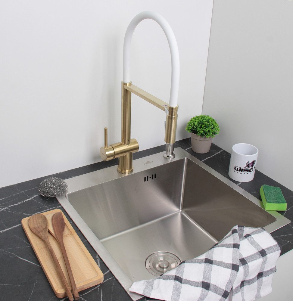 Смеситель для кухни с гибким изливом GERHANS K14290Y-3, золотой сатин/белый — изображение 2