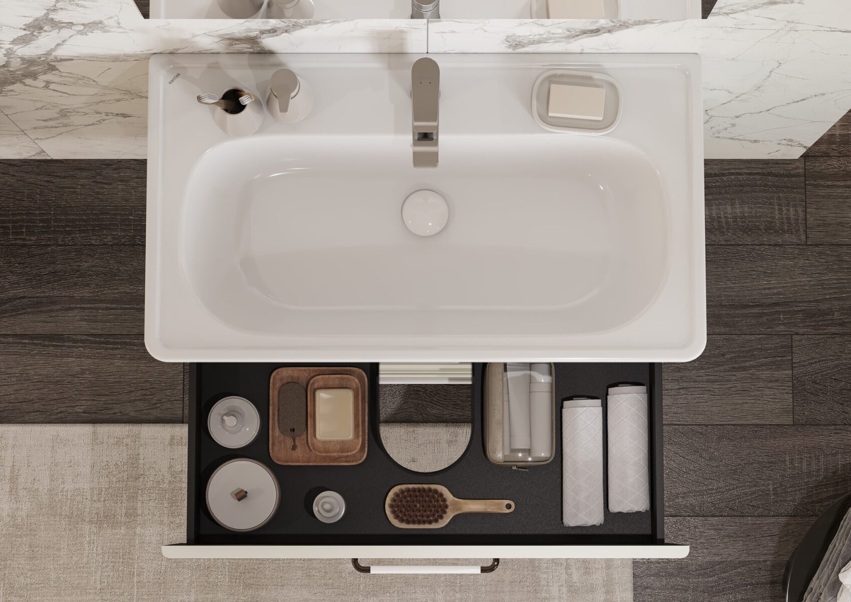 Комплект: тумба в ванную Aquaton Нео-Классика 85 под умывальник Santek Нео Классик 85, белый камень, 1A2863V0NCTG0 — изображение 5