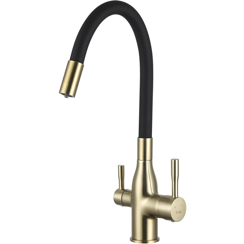 Смеситель для кухни под фильтр с гибким изливом Frap F4396-3, золотой сатин