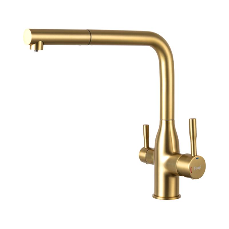 Смеситель для кухни под фильтр с выдвижным изливом Frap F4396-33, золотой сатин