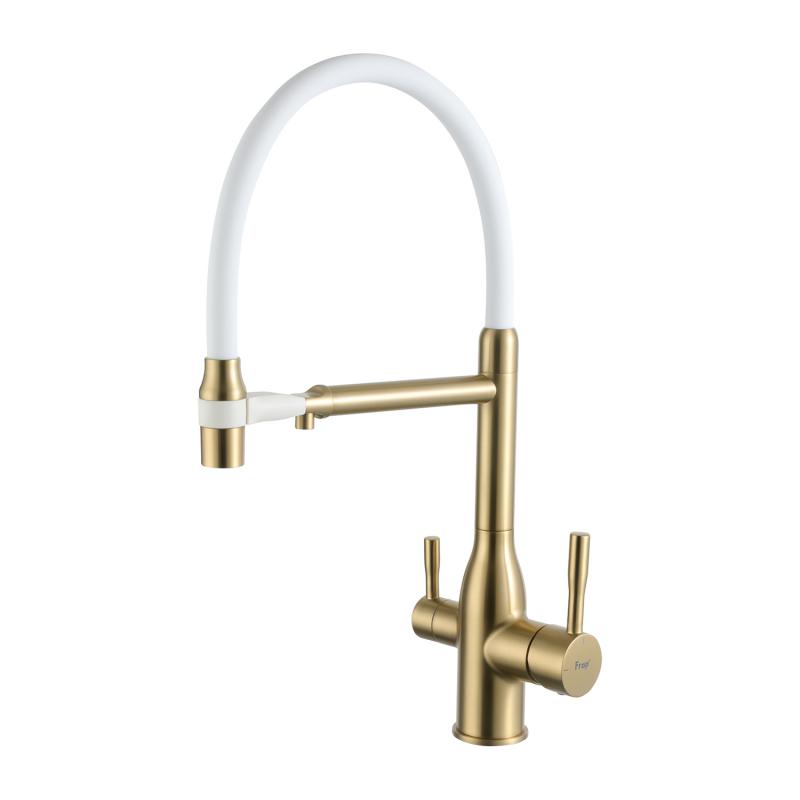 Смеситель для кухни под фильтр с гибким изливом Frap F4398-3, золотой сатин