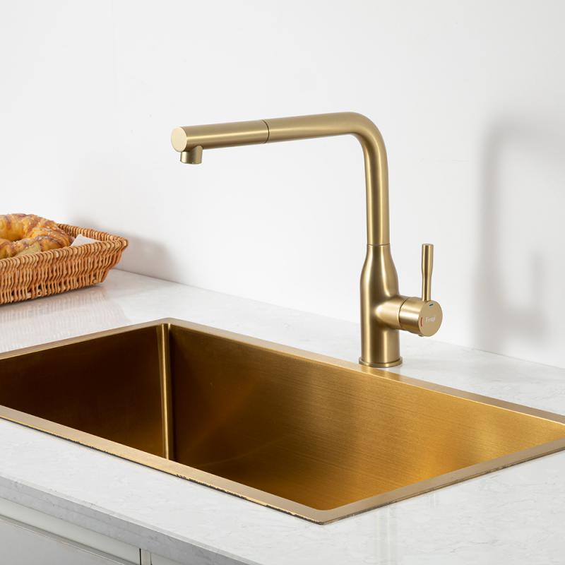 Смеситель для кухни с выдвижным изливом Frap F6096-3, золотой сатин — изображение 3