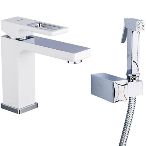 Смеситель для умывальника с гигиеническим душем Gappo G1017-1, белый/хром