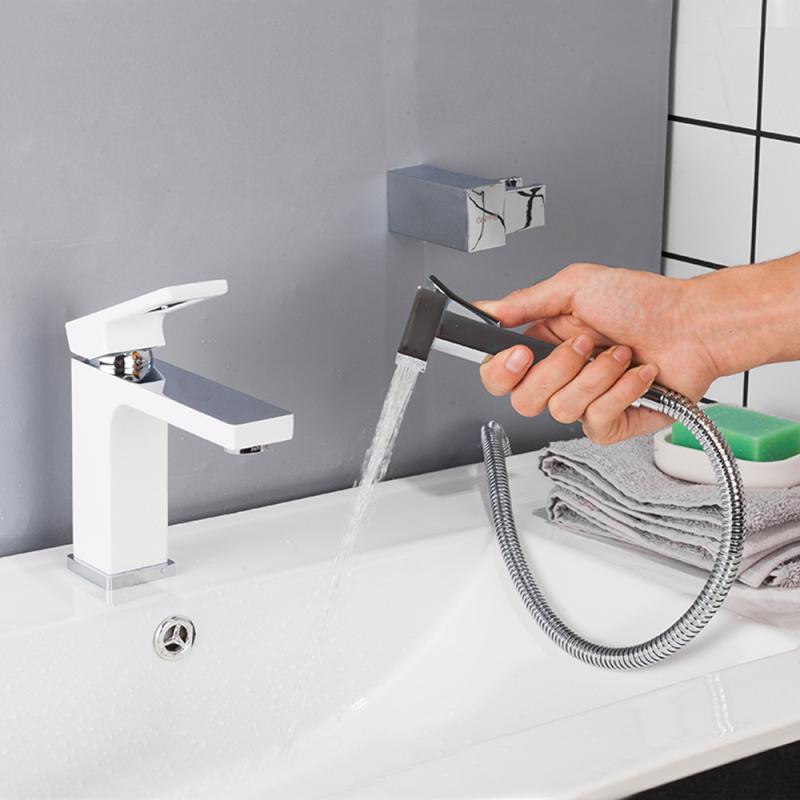 Смеситель для умывальника с гигиеническим душем Gappo G1017-1, белый/хром — изображение 7