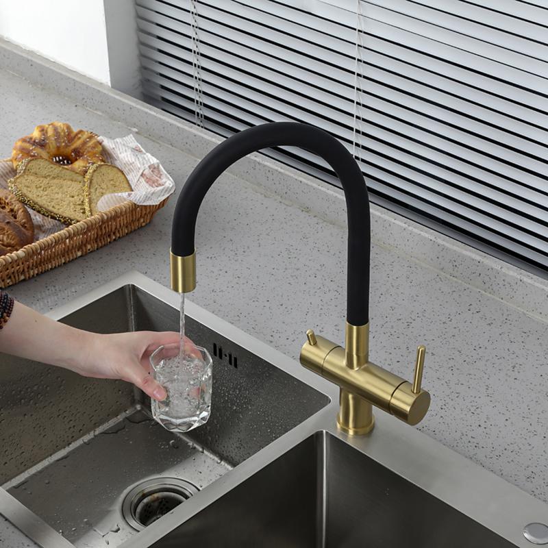 Смеситель для кухни под фильтр с гибким изливом Gappo G4398-33, золотой сатин — изображение 11