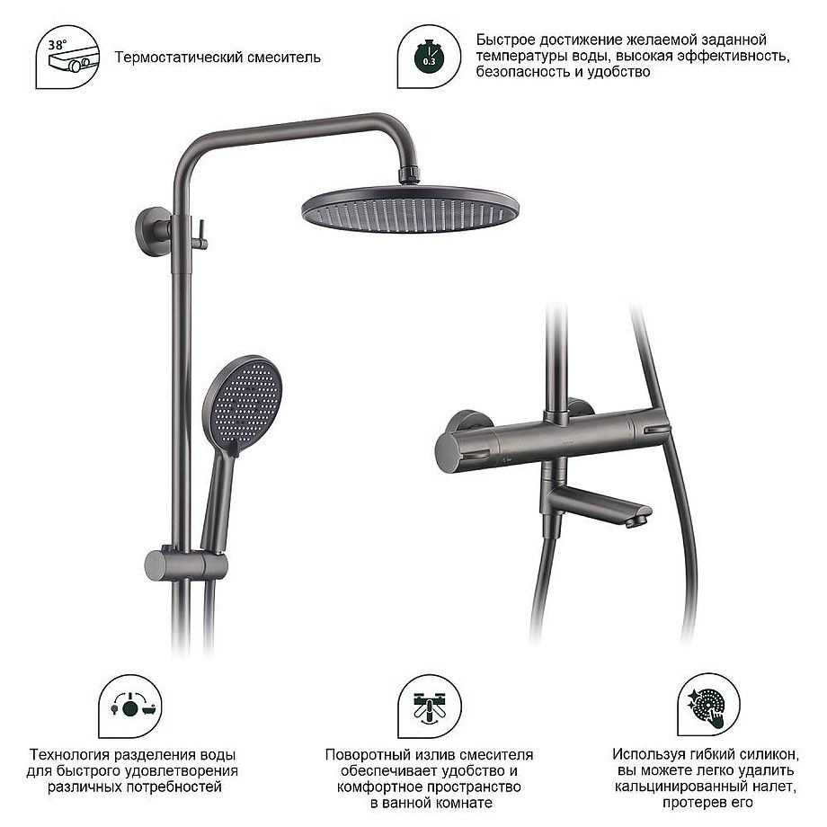 Душевая система с термостатическим смесителем Splenka S223.26.09, графит — изображение 12
