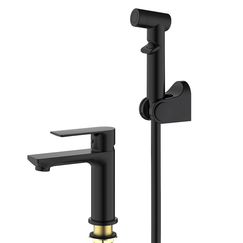 Смеситель для умывальника с гигиеническим душем Splenka S05.12.06, чёрный