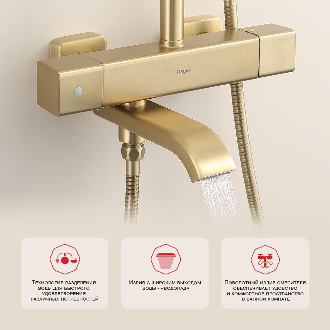 Душевая система с термостатическим смесителем Raglo R22.26.03, золотой сатин — изображение 4