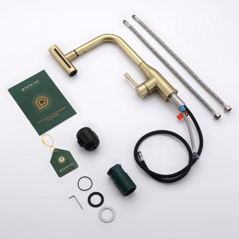 Смеситель для кухни с выдвижным изливом Splenka S206.49.03, золотой сатин — изображение 3