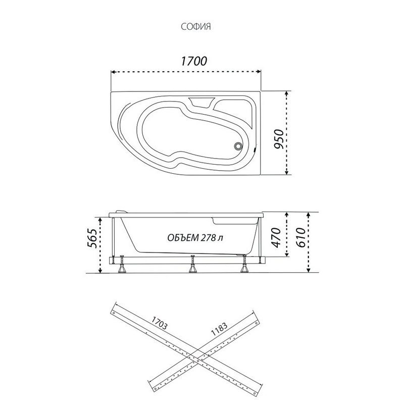 Ванна гидромассажная Тритон София правая 170x95, Базовая Flat, Щ000002119 — изображение 3