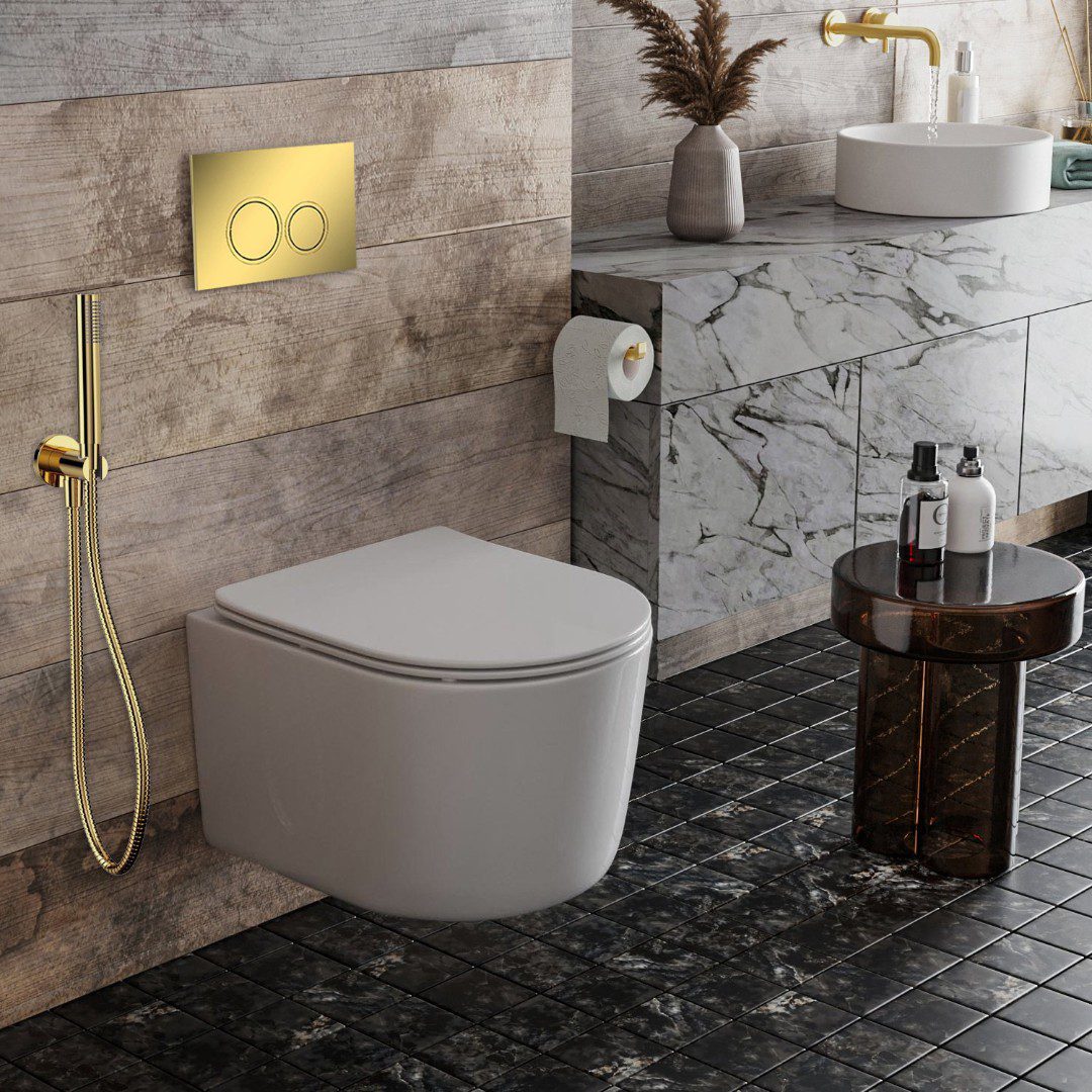 Комплект инсталляции Roxen StounFix Dual Fresh с унитазом Simple Compact и кнопкой Santi (золото/глянец), 968026 — изображение 10