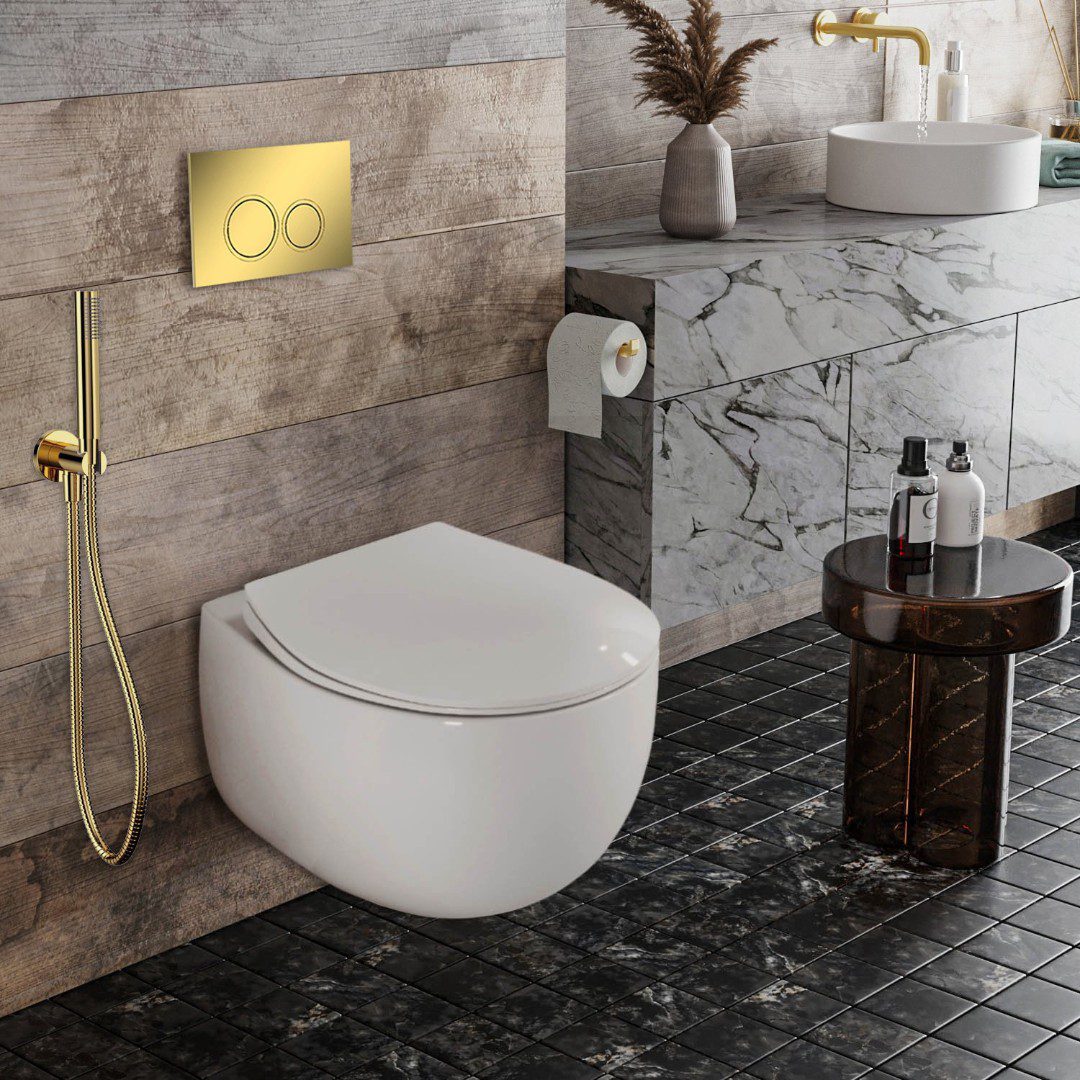 Комплект инсталляции Roxen StounFix Dual Fresh с унитазом Egg и кнопкой Santi (золото/глянец), 968031 — изображение 11