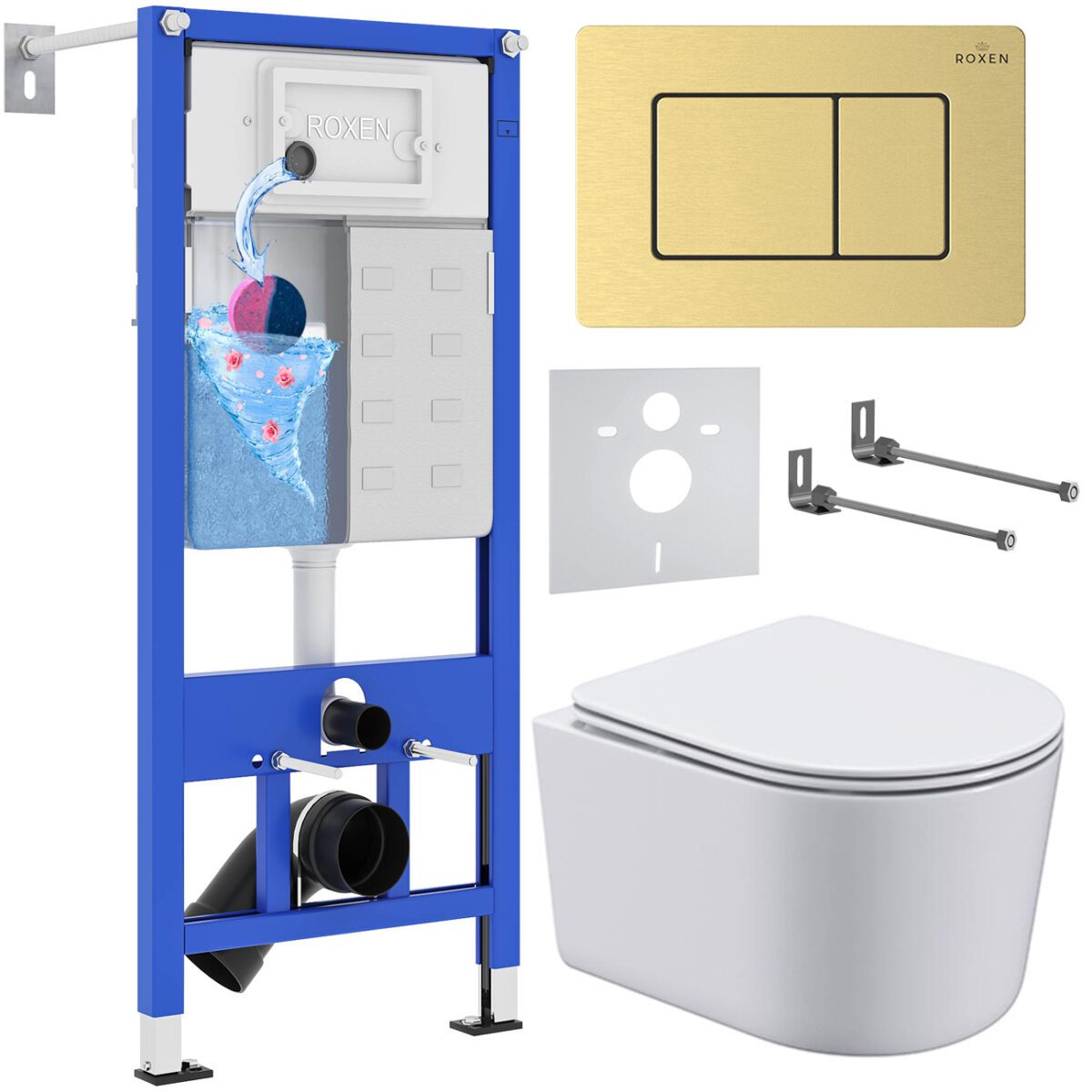 Комплект инсталляции Roxen StounFix Dual Fresh с унитазом Simple Compact и кнопкой Steel (золото/матовая), 968480