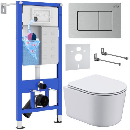 Комплект инсталляции Roxen StounFix Dual Fresh с унитазом Simple Compact и кнопкой Steel (сатин/матовая), 968486