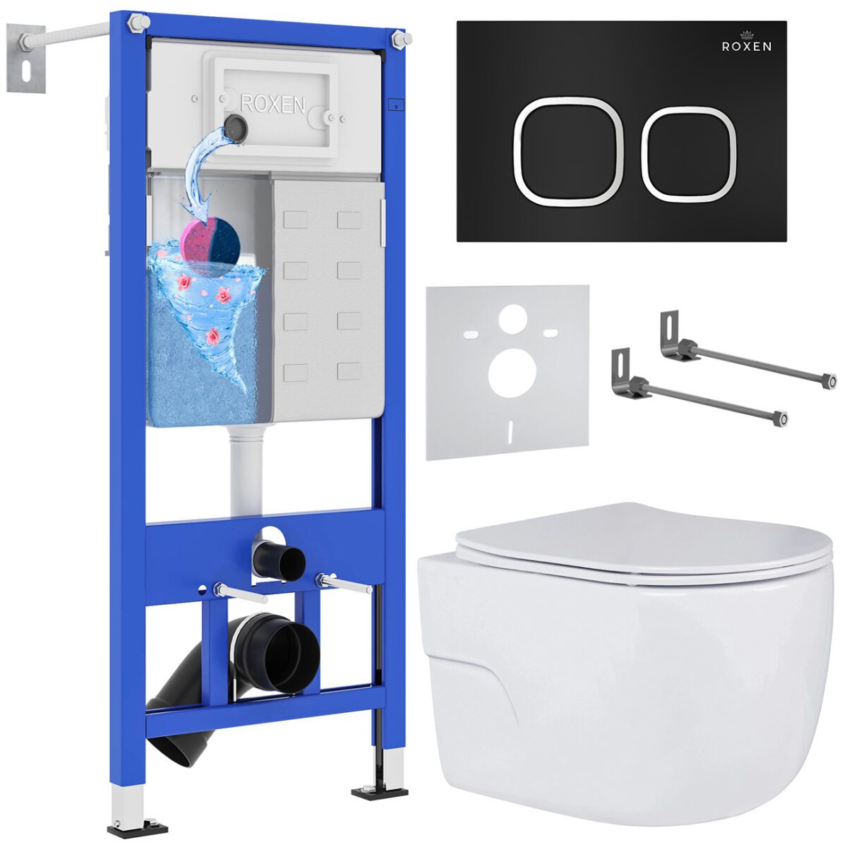 Комплект инсталляции Roxen StounFix Dual Fresh с унитазом Porto и кнопкой Santi (чёрная/матовая), 545591