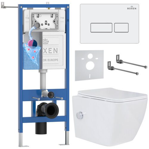 Комплект инсталляции Roxen StounFix Dual Fresh с унитазом Cube Bidet и кнопкой Caspia (белая), 577477