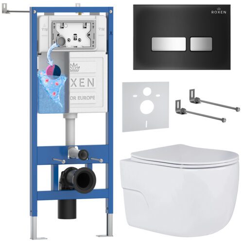 Комплект инсталляции Roxen StounFix Dual Fresh с унитазом Porto и кнопкой Glass (чёрная/глянец), 646666