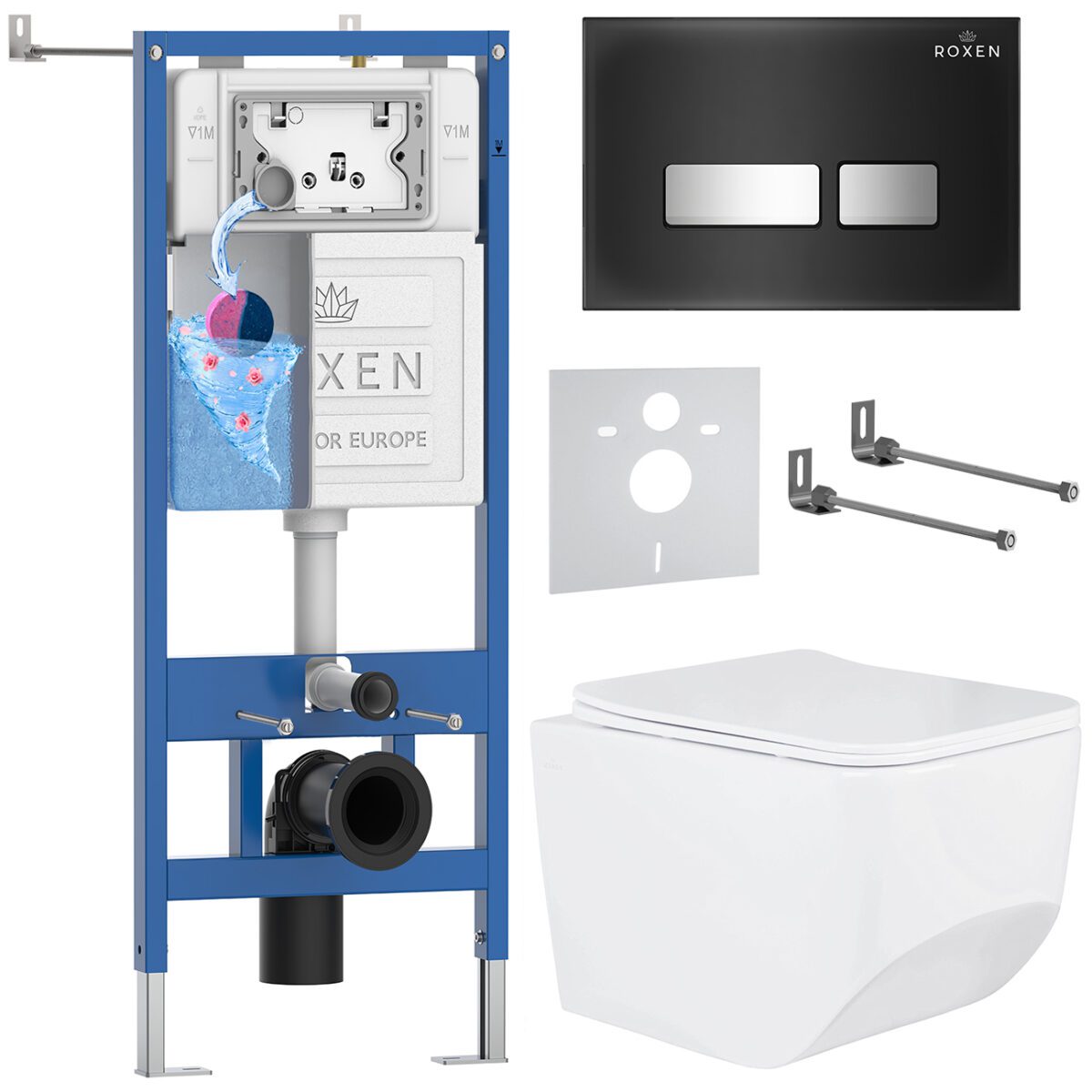 Комплект инсталляции Roxen StounFix Dual Fresh с унитазом Boro и кнопкой Glass (чёрная/глянец), 649644