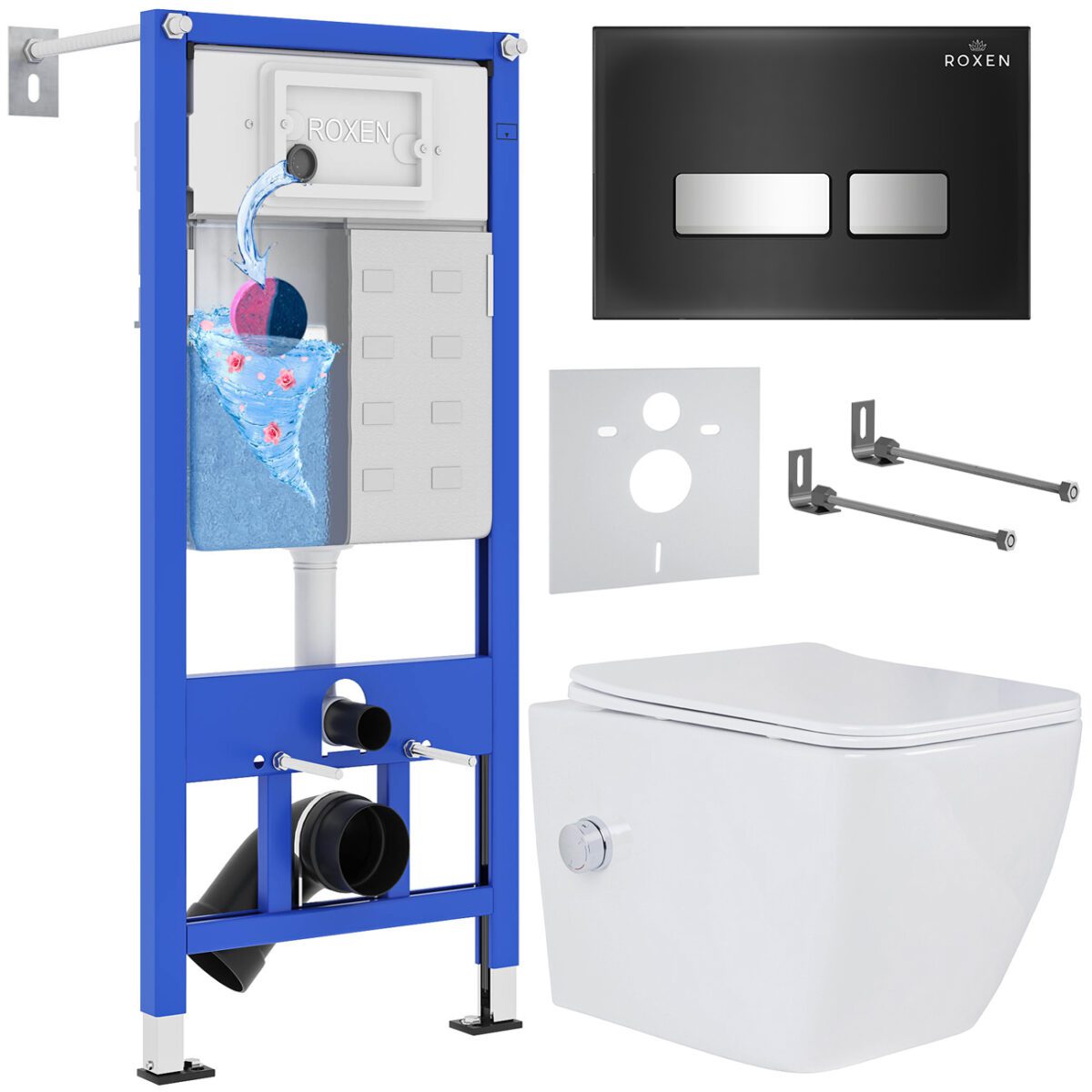 Комплект инсталляции Roxen StounFix Dual Fresh с унитазом Cube Bidet и кнопкой Glass (чёрная/глянец), 649838