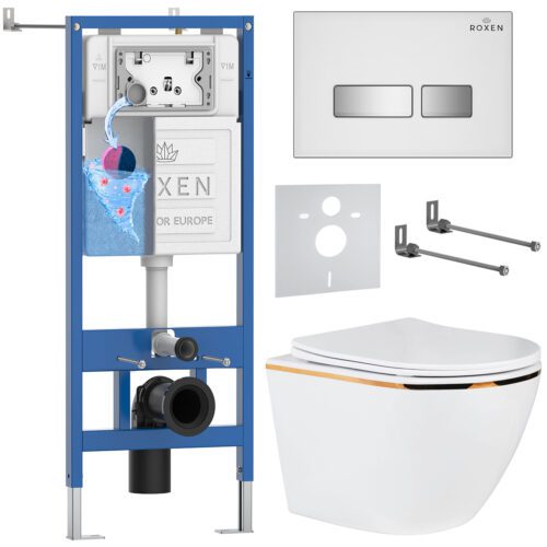Комплект инсталляции Roxen StounFix Dual Fresh с унитазом Antares Gold и кнопкой Glass (белая), 904965