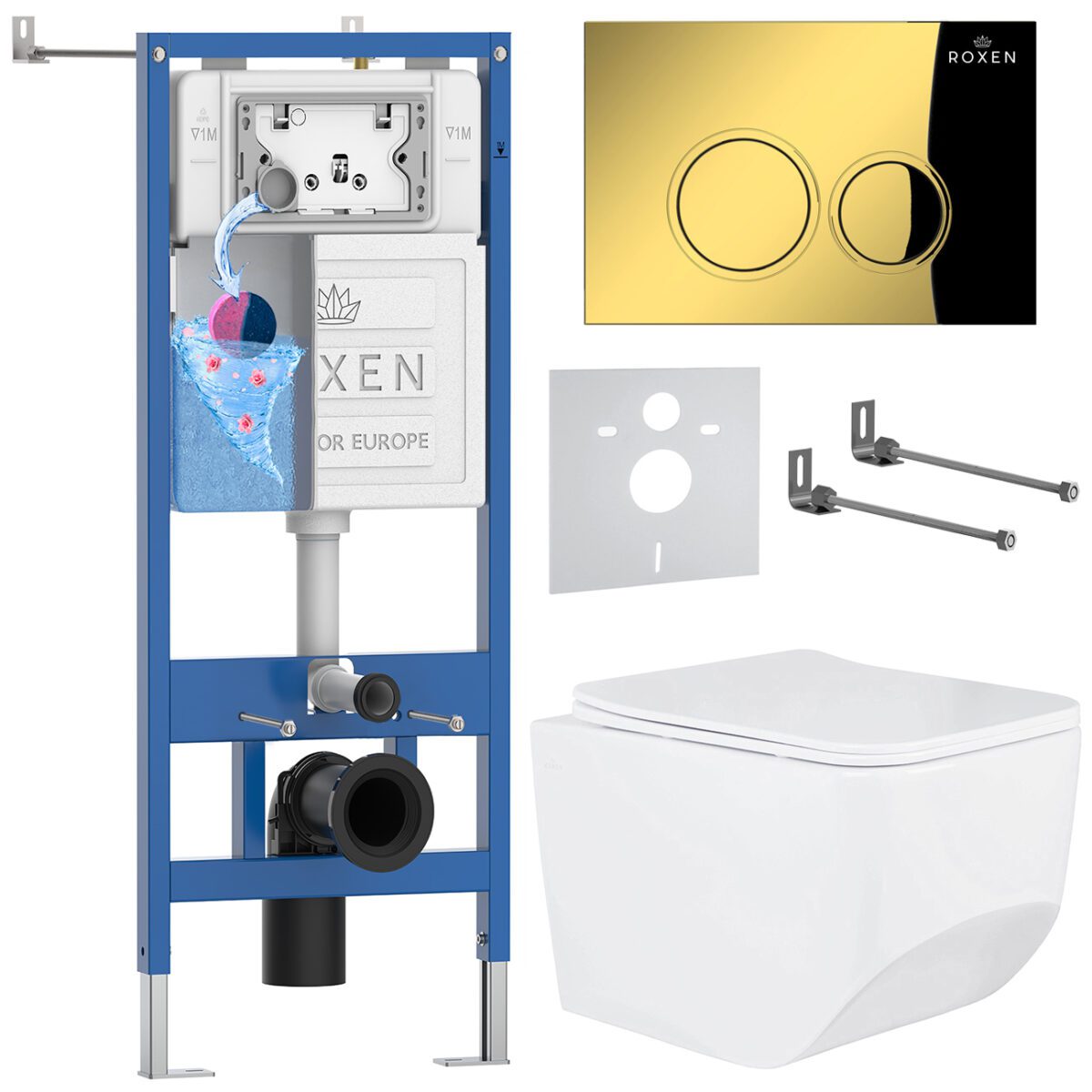 Комплект инсталляции Roxen StounFix Dual Fresh с унитазом Boro и кнопкой Santi (золото/глянец), 968023