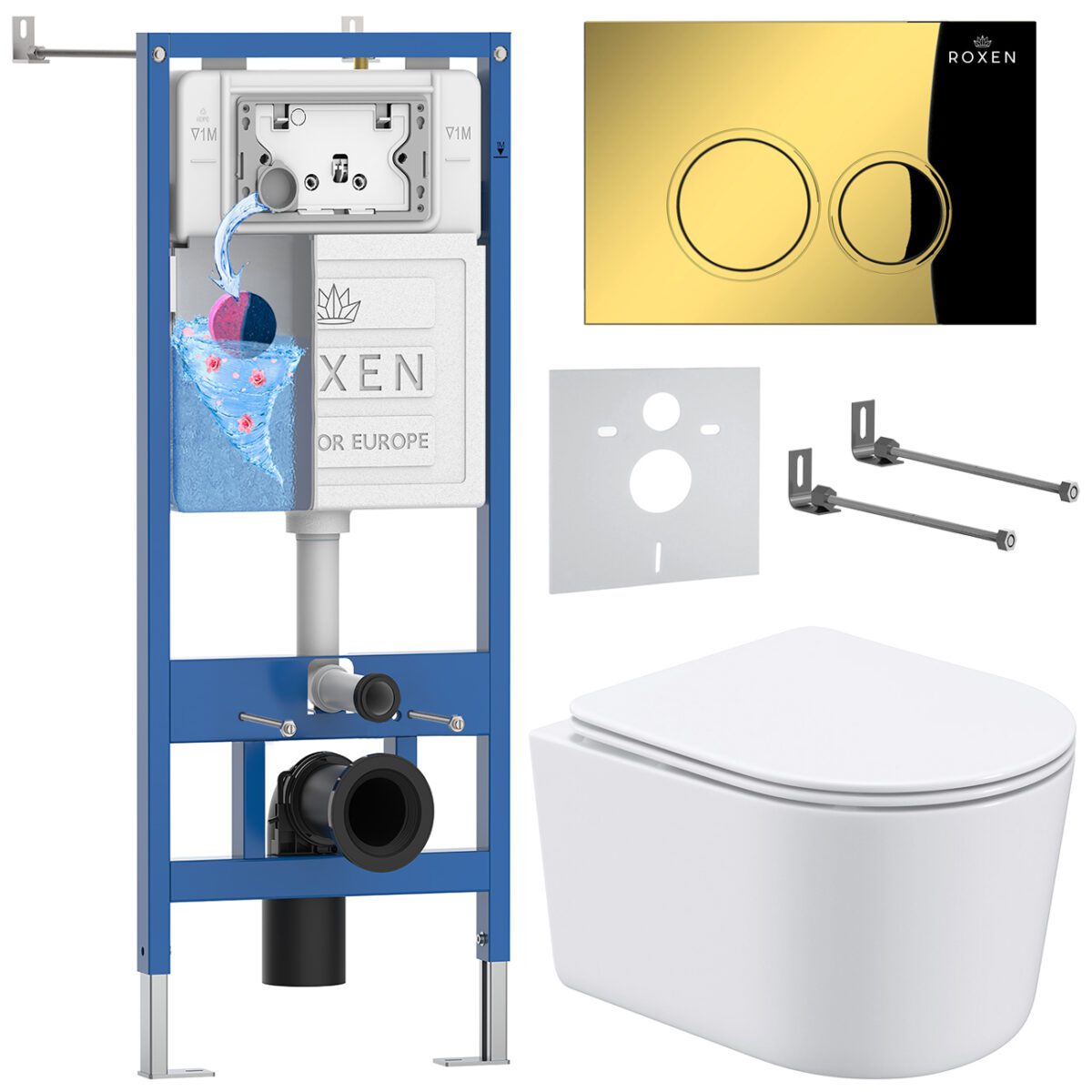 Комплект инсталляции Roxen StounFix Dual Fresh с унитазом Simple Compact и кнопкой Santi (золото/глянец), 968026