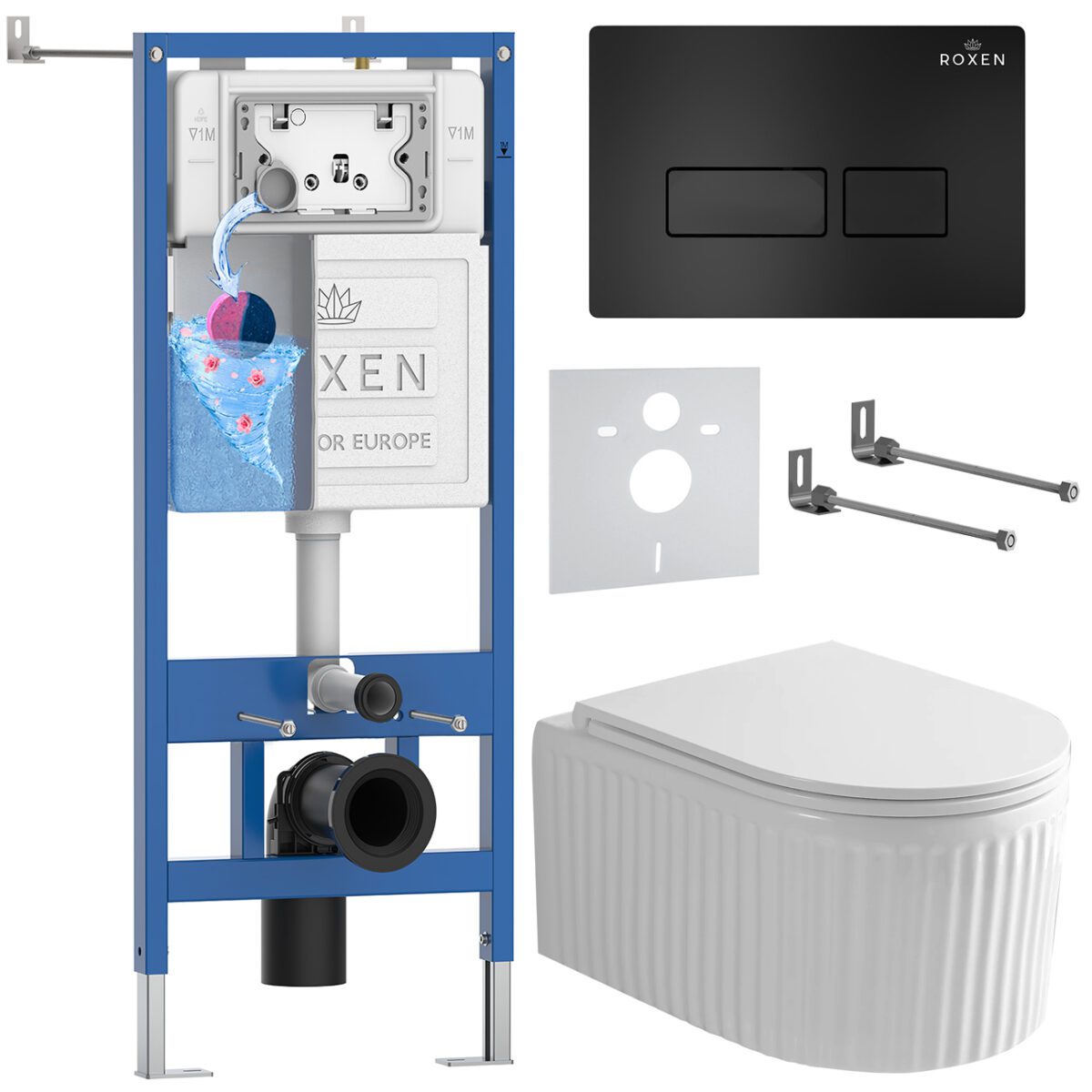 Комплект инсталляции Roxen StounFix Dual Fresh с унитазом Royal Matt и кнопкой Caspia (чёрная/матовая), 968211