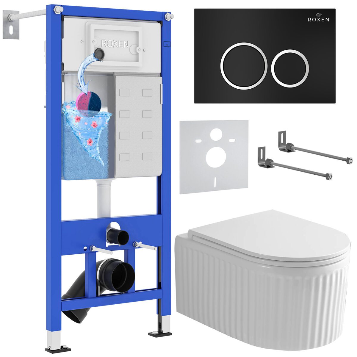 Комплект инсталляции Roxen StounFix Dual Fresh с унитазом Royal Matt и кнопкой Santi (чёрная/матовая), 968231