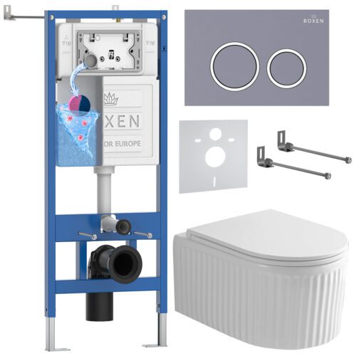 Комплект инсталляции Roxen StounFix Dual Fresh с унитазом Royal Matt и кнопкой Santi (серый бетон/матовая), 968253