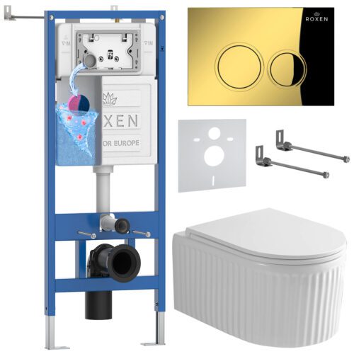 Комплект инсталляции Roxen StounFix Dual Fresh с унитазом Royal Matt и кнопкой Santi (золото/глянец), 968254
