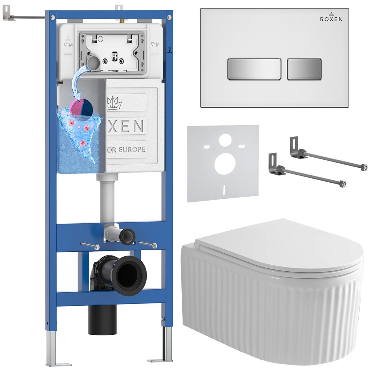 Комплект инсталляции Roxen StounFix Dual Fresh с унитазом Royal Matt и кнопкой Glass (белая/глянцевая), 968291