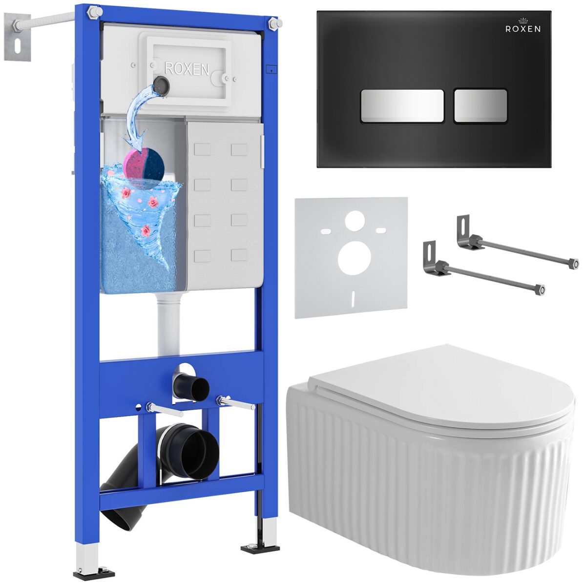 Комплект инсталляции Roxen StounFix Dual Fresh с унитазом Royal Matt и кнопкой Glass (чёрная/глянец), 968297